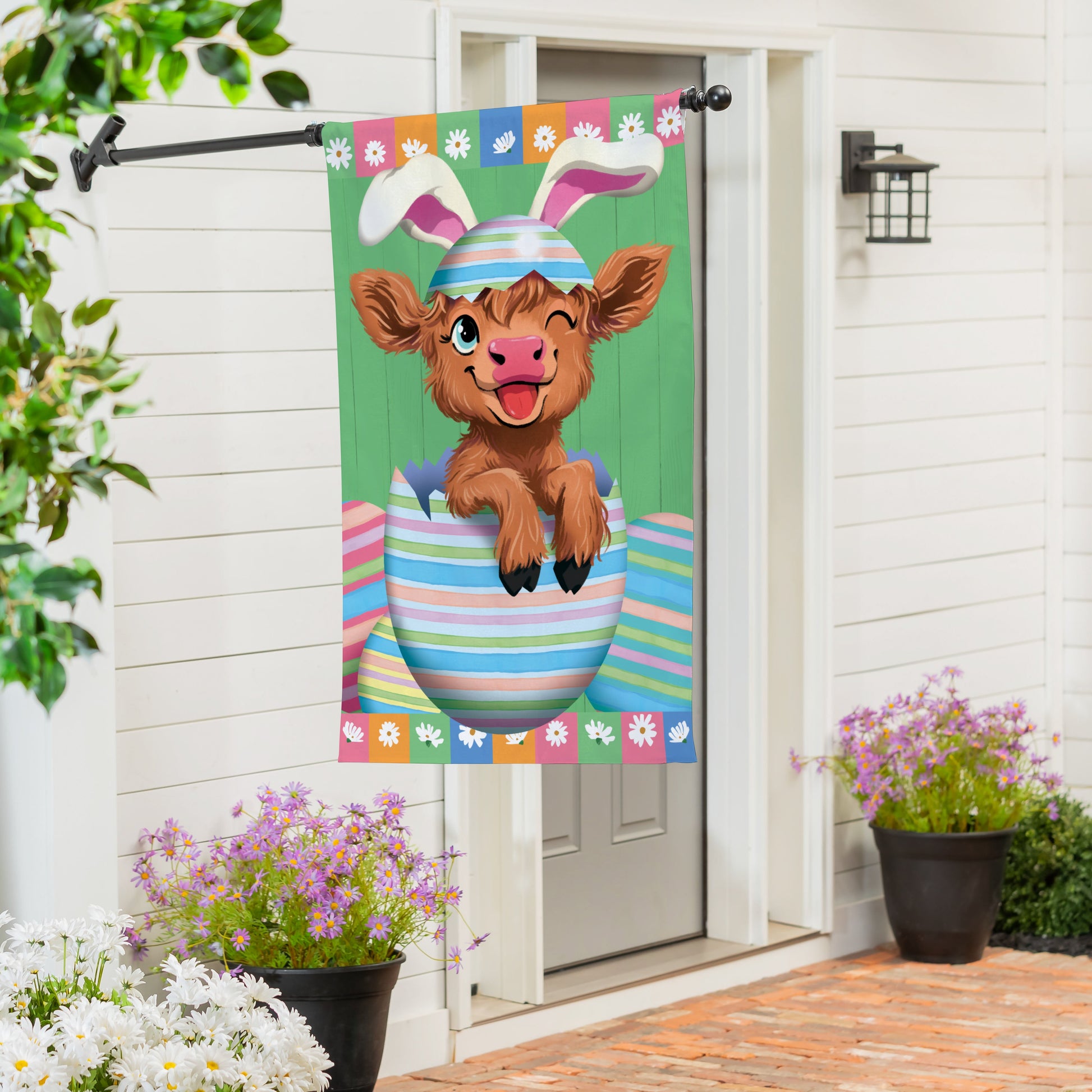 Winky The Easter Highland Cow Burlap House Flag - Tampa Home & Garden Store