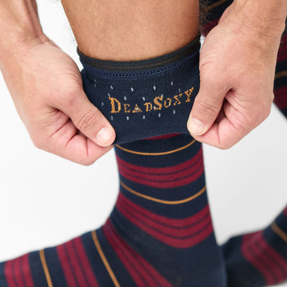 The Winston Navy Dress Socks and Maroon Stripes