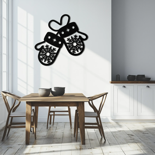 Winter Mittens wall art, black silhouette of two linked mittens with snowflake cutouts on Tampa Home & Garden Store