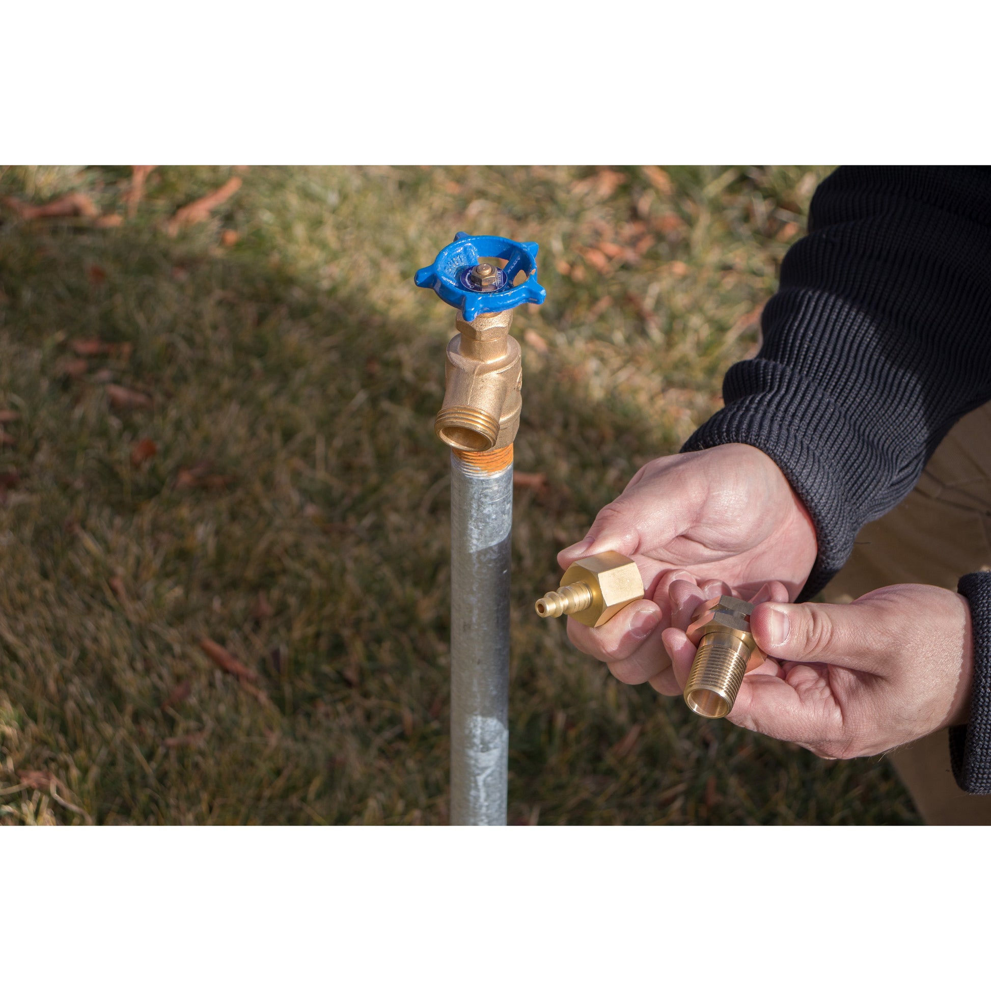 Sprinkler System Winterization Kit by Orbit Irrigation, blue valve handle on brass fitting on Tampa Home & Garden Store