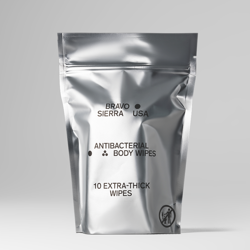 Antibacterial body wipes in a silver Bravo Sierra pouch, 10 extra-thick baby wipes on Tampa Home & Garden Store