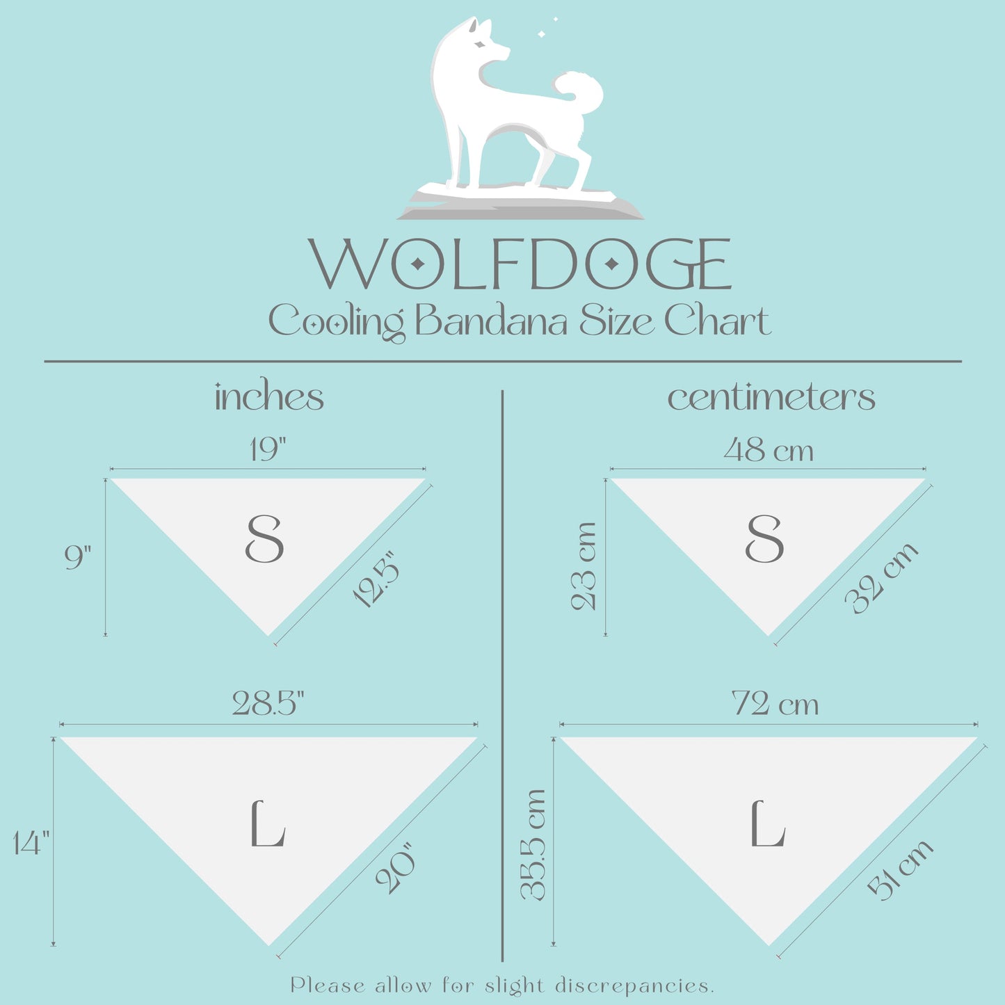 Urokomon Cooling Bandana by WOLFDOGE size chart infographic on teal background on Tampa Home & Garden Store