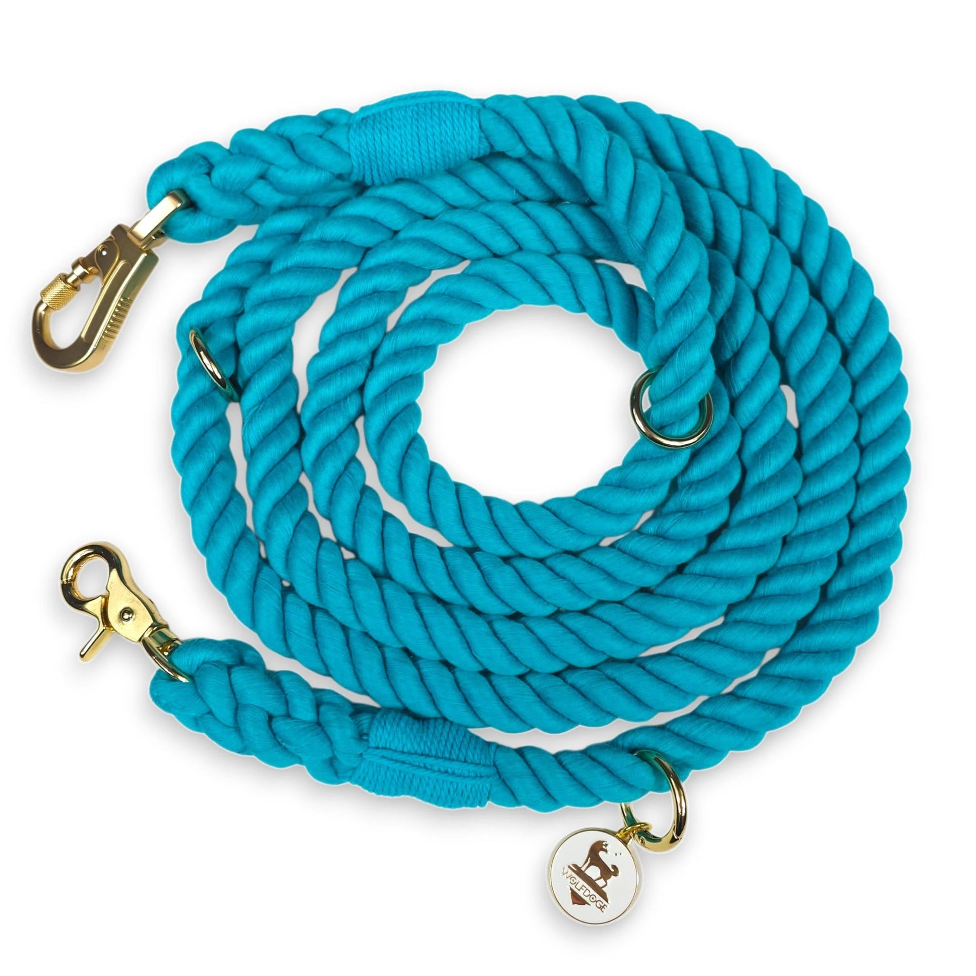 Hands-Free Rope Leash turquoise braided rope with gold-tone hardware and WOLFDOGE tag on Tampa Home & Garden Store