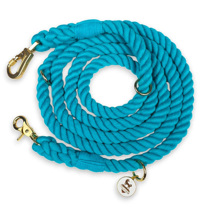 Hands-Free Rope Leash turquoise braided rope with gold-tone hardware and WOLFDOGE tag on Tampa Home & Garden Store