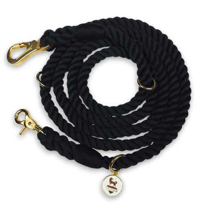 Hands-Free Rope Leash by WOLFDOGE, black braided rope with gold hardware and round tag on Tampa Home & Garden Store