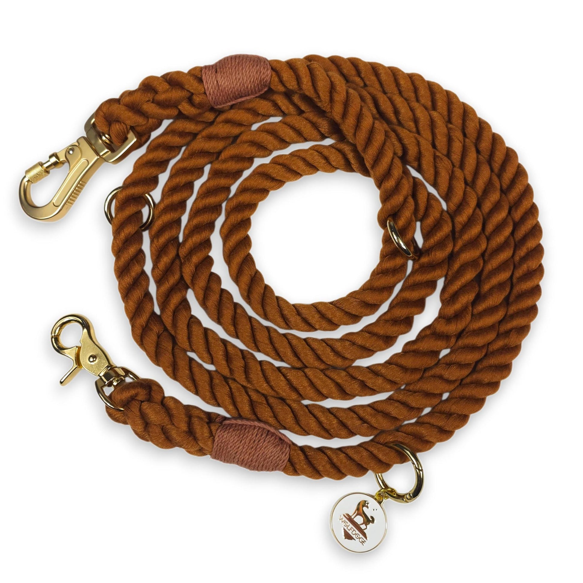 Hands-Free Rope Leash by WOLFDOGE; brown braided rope with gold hardware and carabiner on Tampa Home & Garden Store