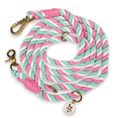 Hands-Free Rope Leash by WOLFDOGE pink mint white braided rope with brass hardware on Tampa Home & Garden Store
