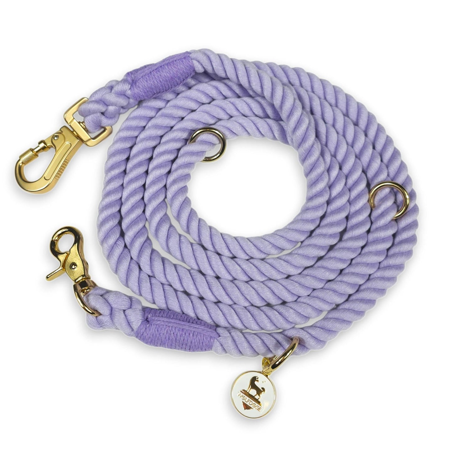 Hands-Free Rope Leash lavender braided rope with gold hardware WOLFDOGE round tag on Tampa Home & Garden Store