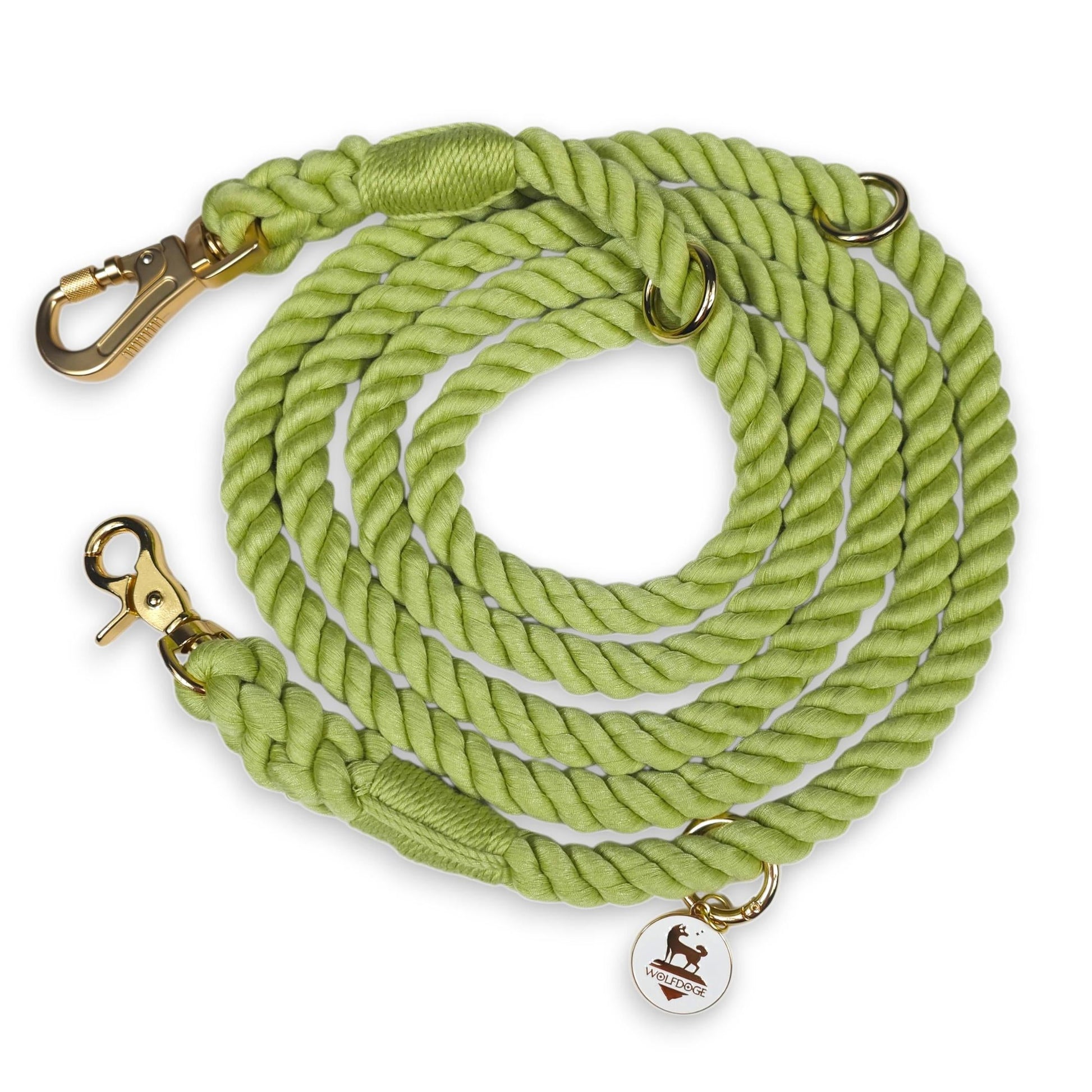 Hands-Free Rope Leash lime green braided rope with brass clasp and rings, WOLFDOGE tag on Tampa Home & Garden Store