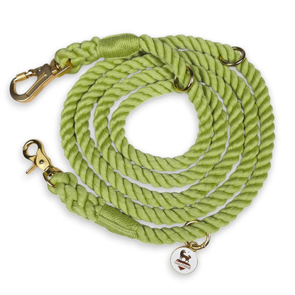 Hands-Free Rope Leash lime green braided rope with brass clasp and rings, WOLFDOGE tag on Tampa Home & Garden Store