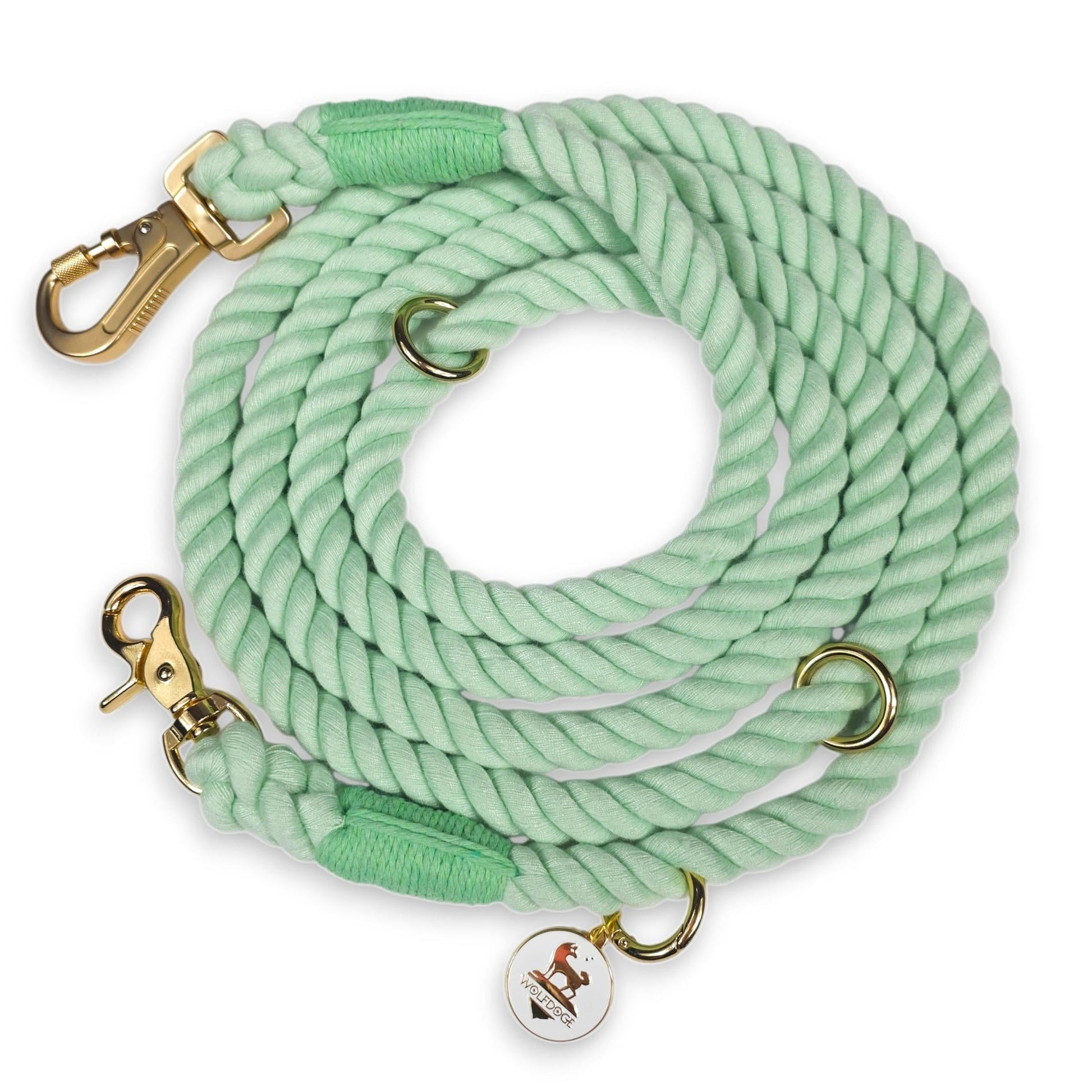 Hands-Free Rope Leash mint green braided rope with gold hardware and WOLFDOGE logo tag on Tampa Home & Garden Store