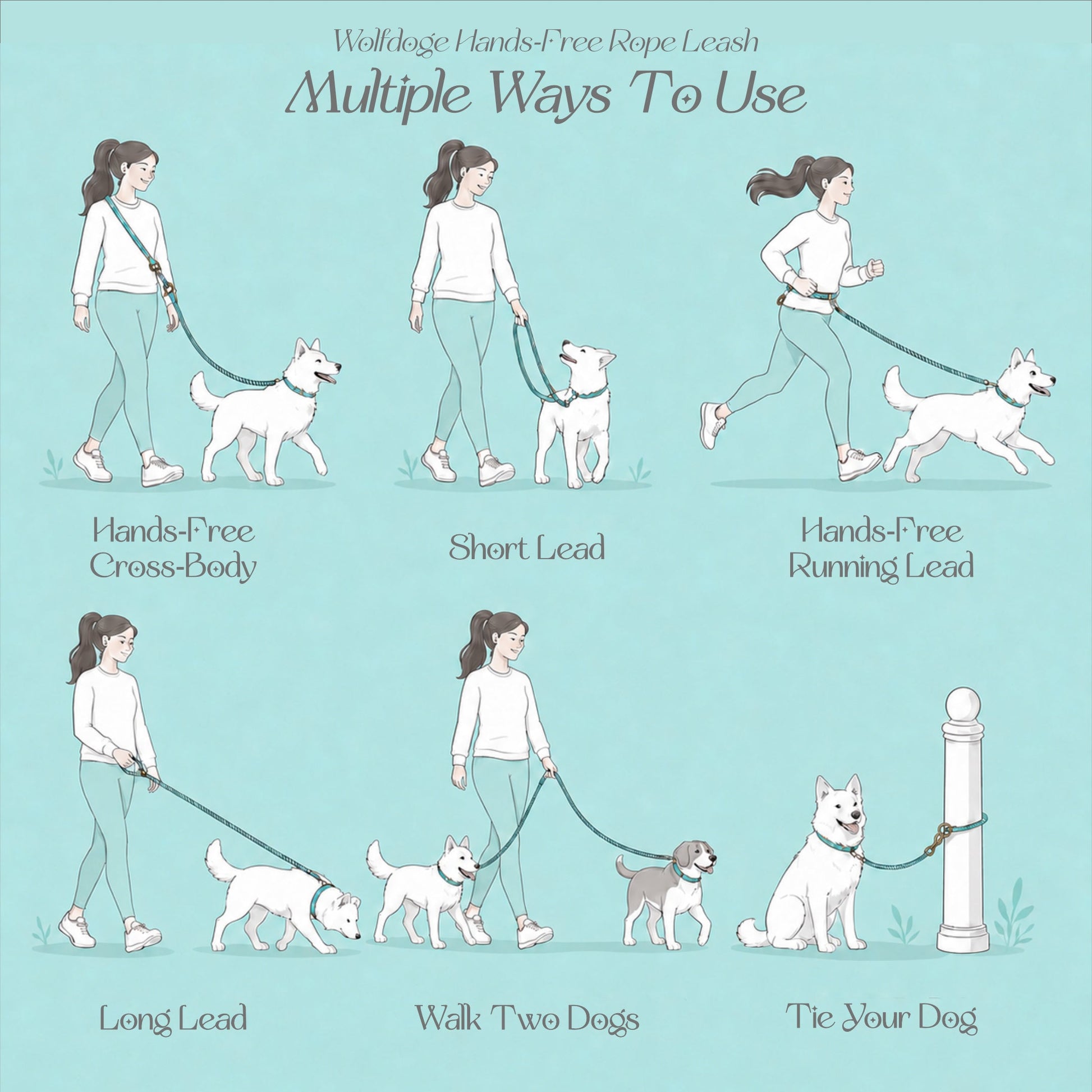 Hands-Free Rope Leash by WOLFDOGE in teal, shown for cross-body and two-dog walking on Tampa Home & Garden Store