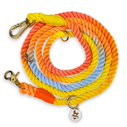 Hands-Free Rope Leash by WOLFDOGE, vibrant orange-yellow-blue braided rope with gold clip on Tampa Home & Garden Store