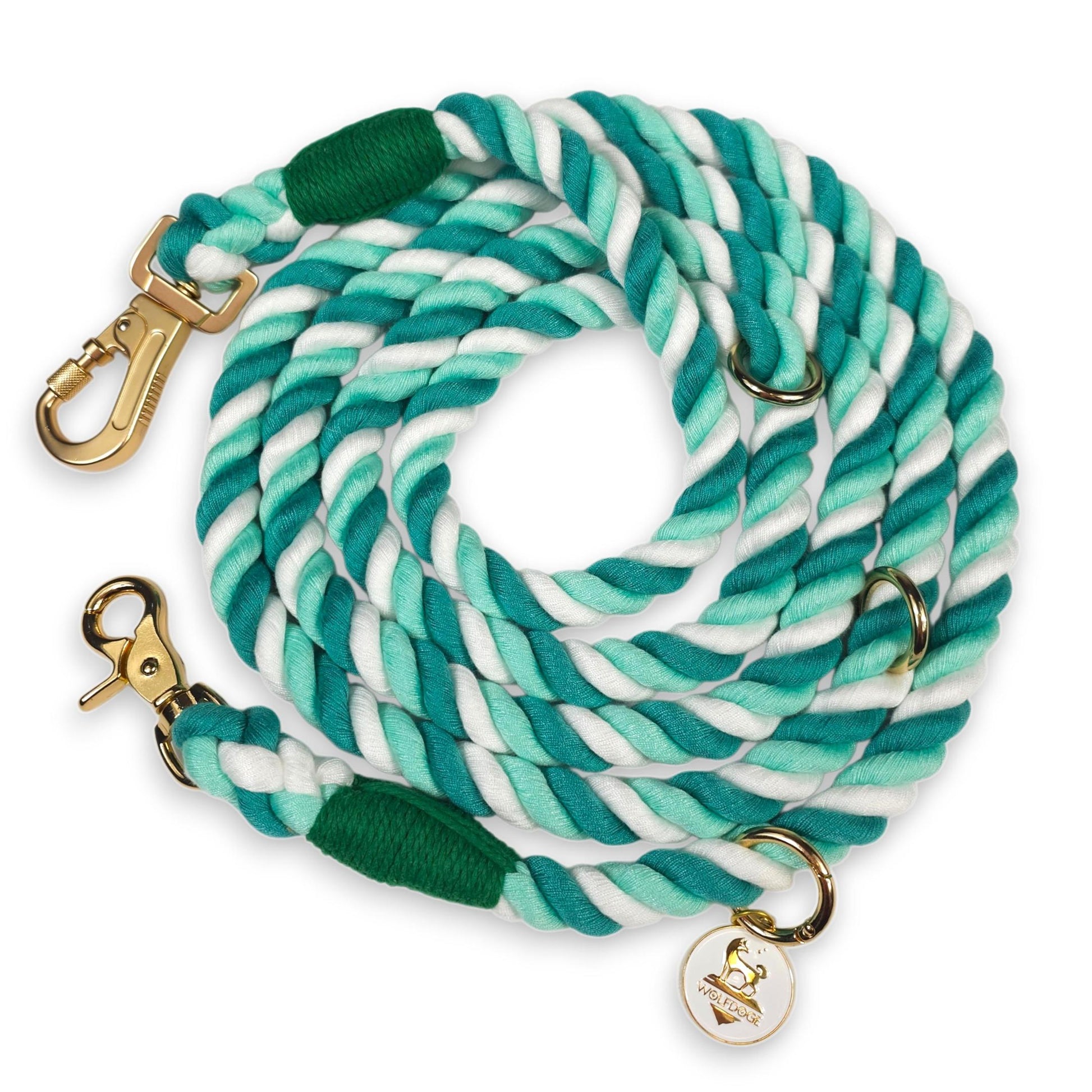 Hands-Free Rope Leash teal white twisted rope with gold hardware by WOLFDOGE on Tampa Home & Garden Store