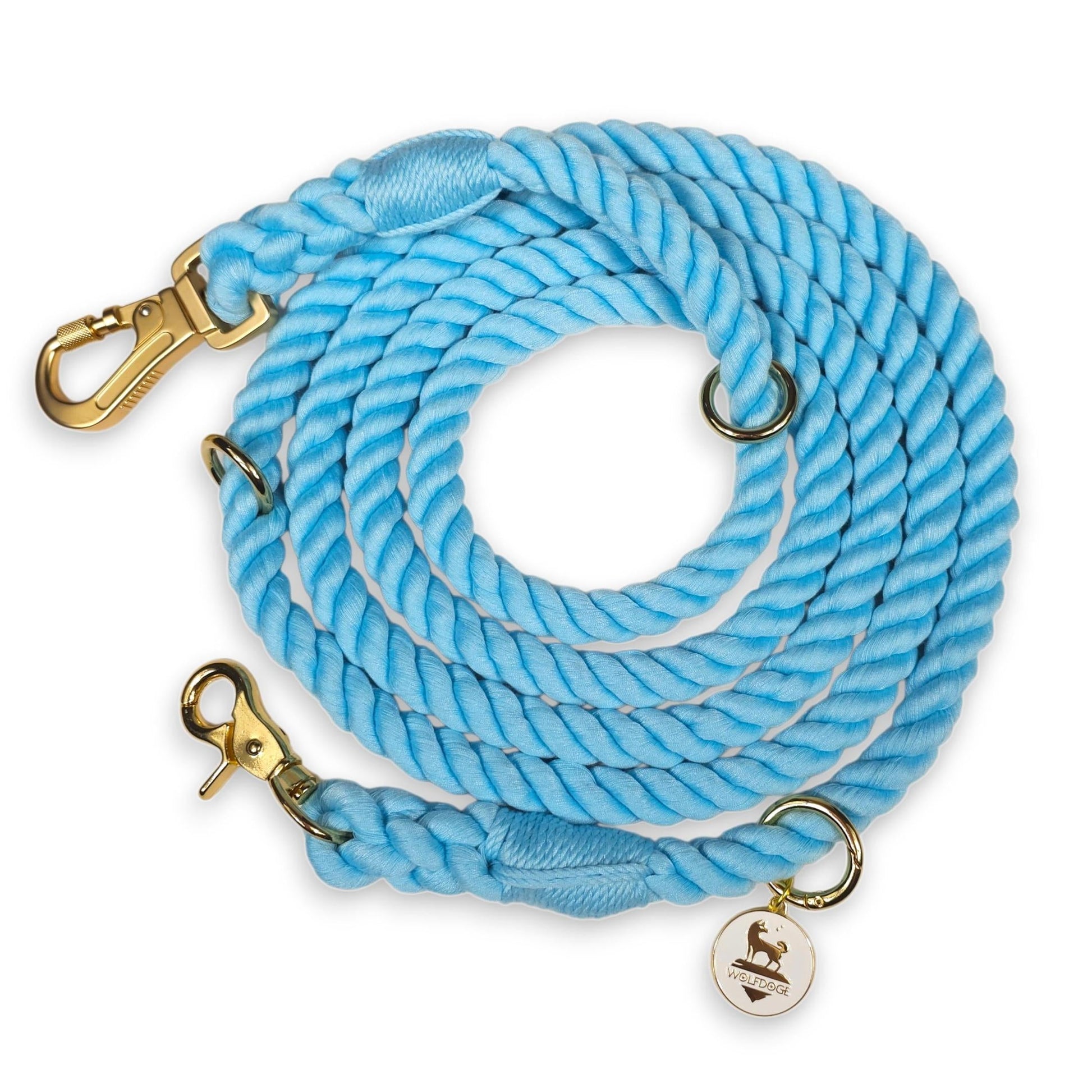 Hands-Free Rope Leash by WOLFDOGE, light blue braided rope with gold hardware on Tampa Home & Garden Store