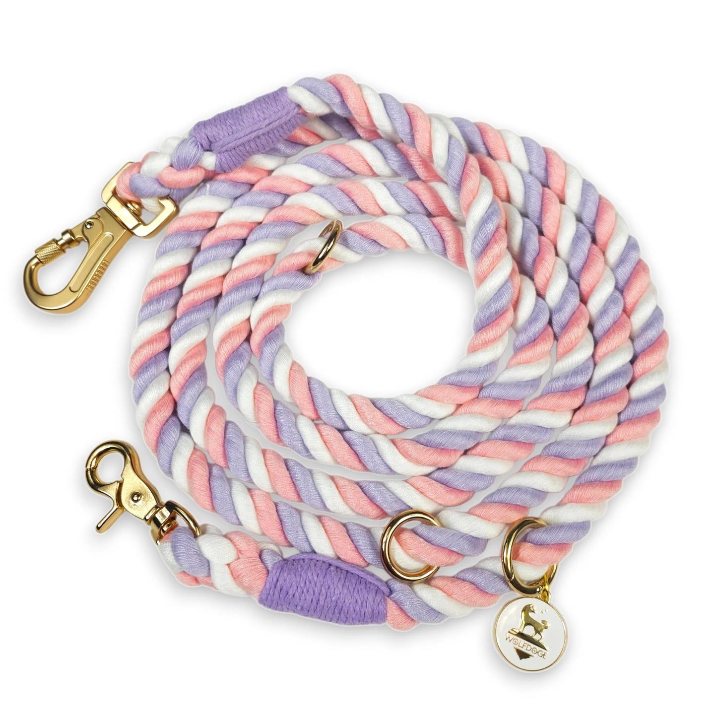 Hands-Free Rope Leash by WOLFDOGE in pastel lavender pink white twisted rope with gold hardware on Tampa Home & Garden Store