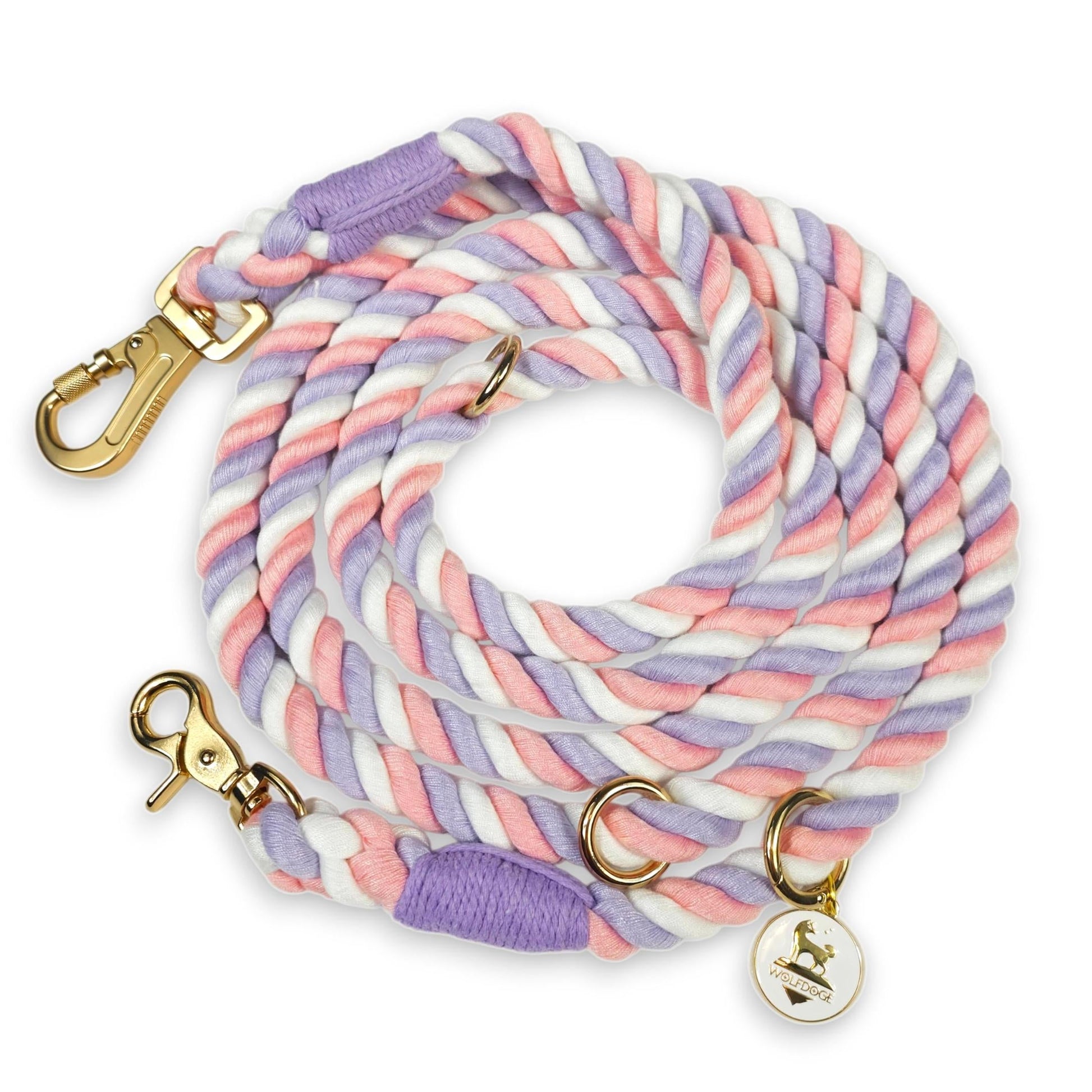 Hands-Free Rope Leash by WOLFDOGE in pastel lavender pink white twisted rope with gold hardware on Tampa Home & Garden Store