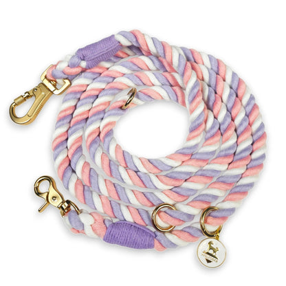 Hands-Free Rope Leash by WOLFDOGE in pastel lavender pink white twisted rope with gold hardware on Tampa Home & Garden Store