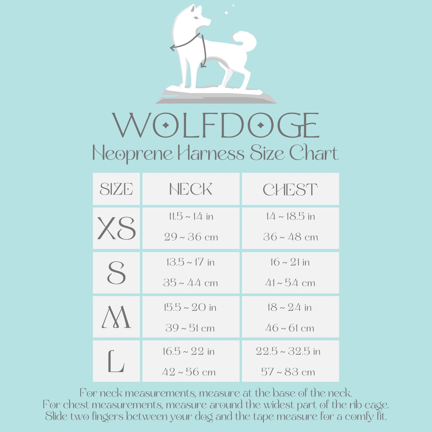 Urokomon Harness size chart by WOLFDOGE on teal background on Tampa Home & Garden Store
