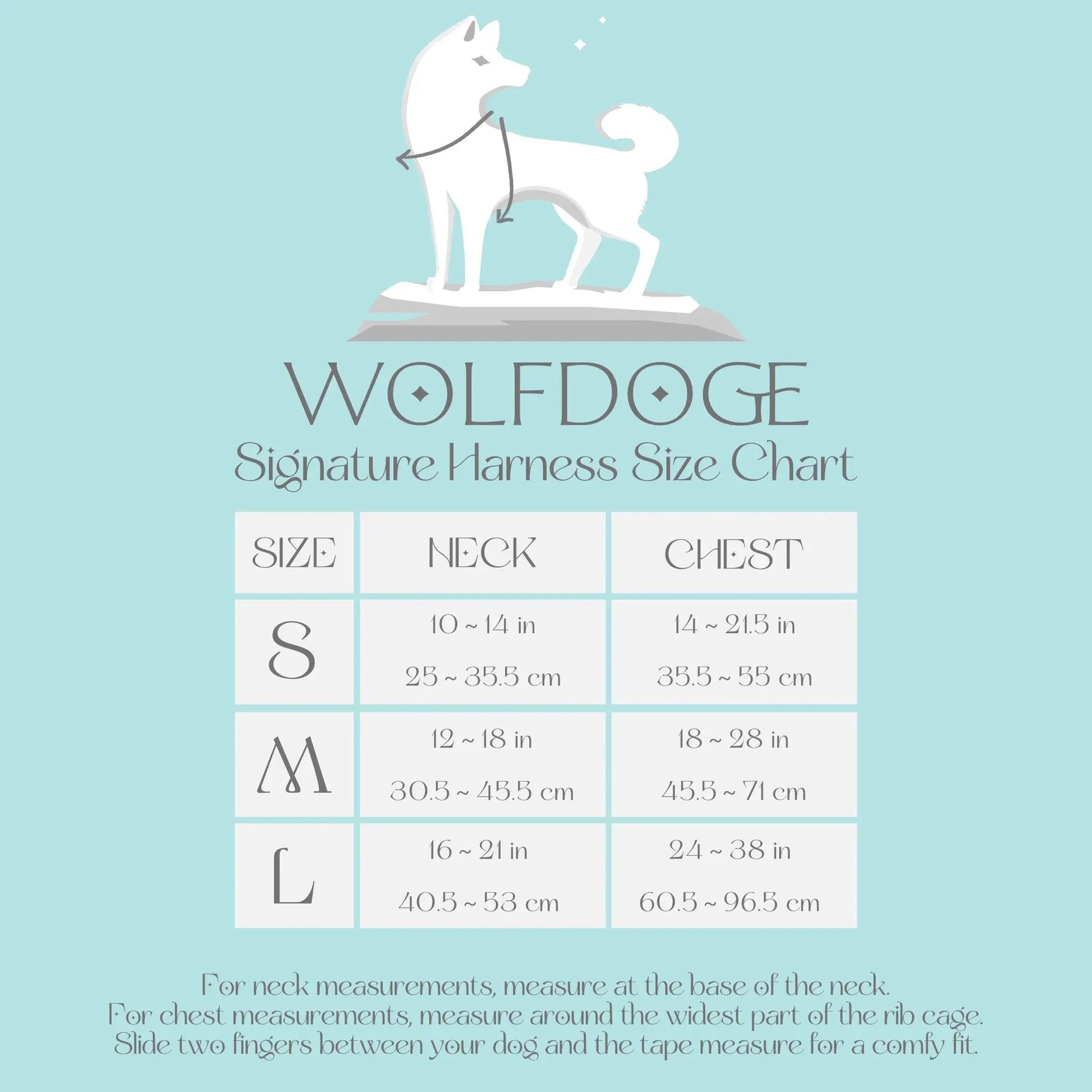 Wolfdoge Signature Harness size chart by WOLFDOGE on turquoise background on Tampa Home & Garden Store