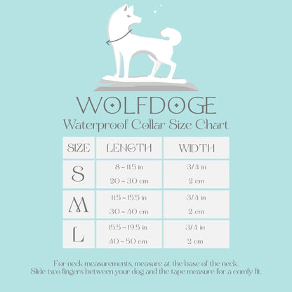 Wolfdoge Waterproof Collar for Dogs logo with size chart on turquoise catalog page on Tampa Home & Garden Store