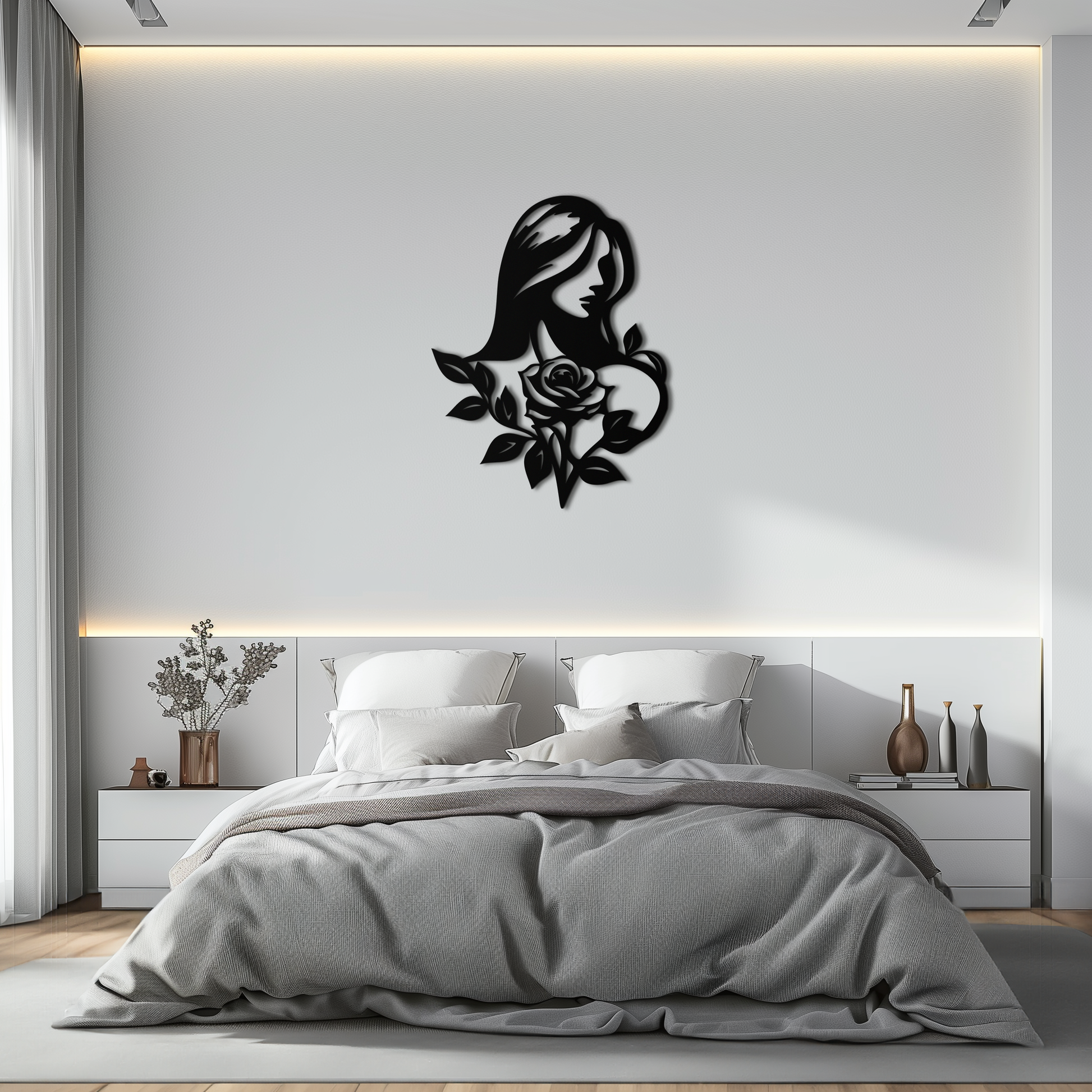 Woman and Rose Silhouette Metal Wall Art – Floral Line Art Metal Decor- KAF633 - Tampa Home & Garden Store