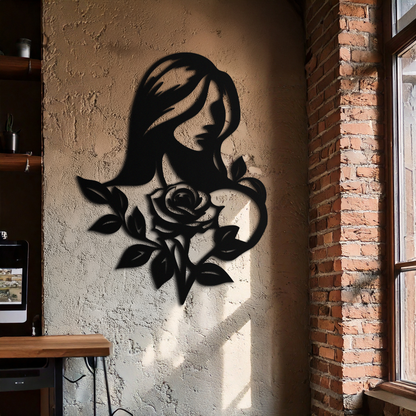Woman and Rose Silhouette Metal Wall Art – Floral Line Art Metal Decor- KAF633 - Tampa Home & Garden Store
