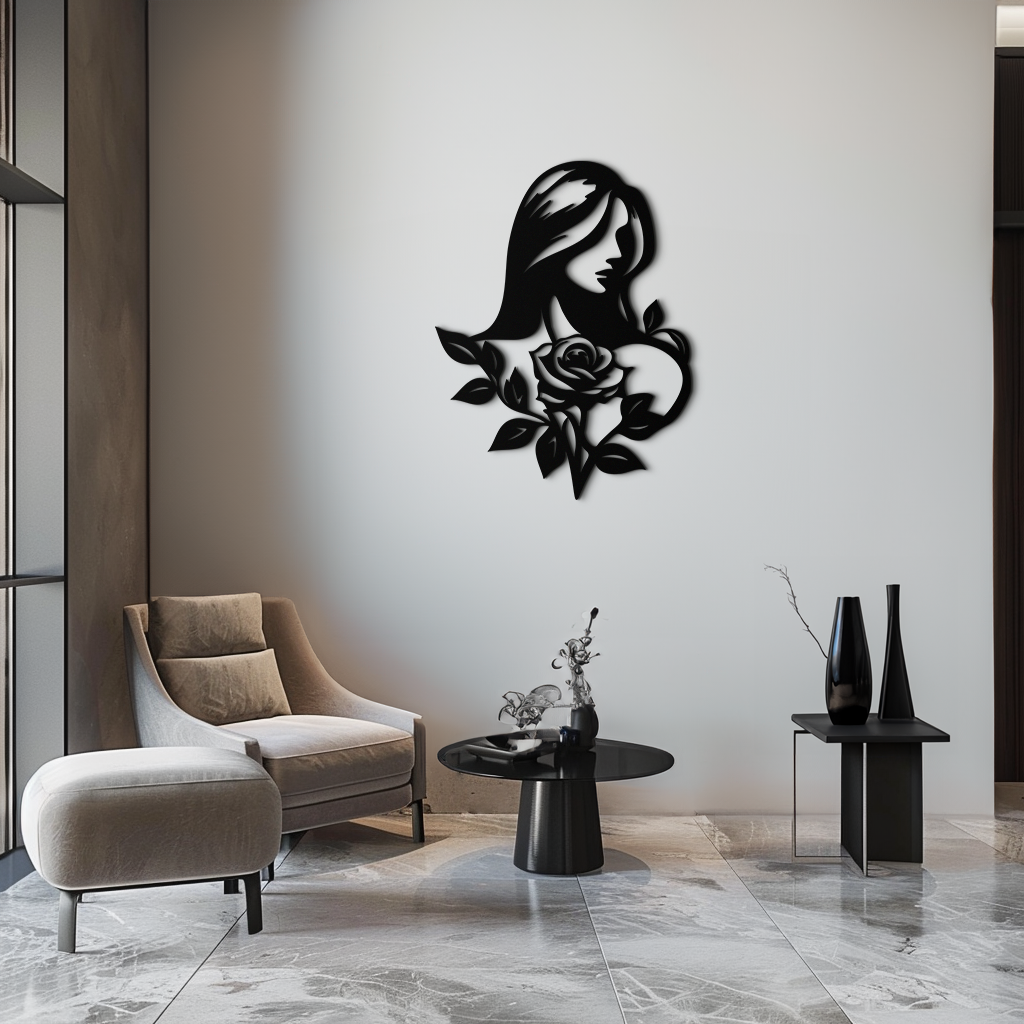 Woman and Rose Silhouette Metal Wall Art – Floral Line Art Metal Decor- KAF633 - Tampa Home & Garden Store