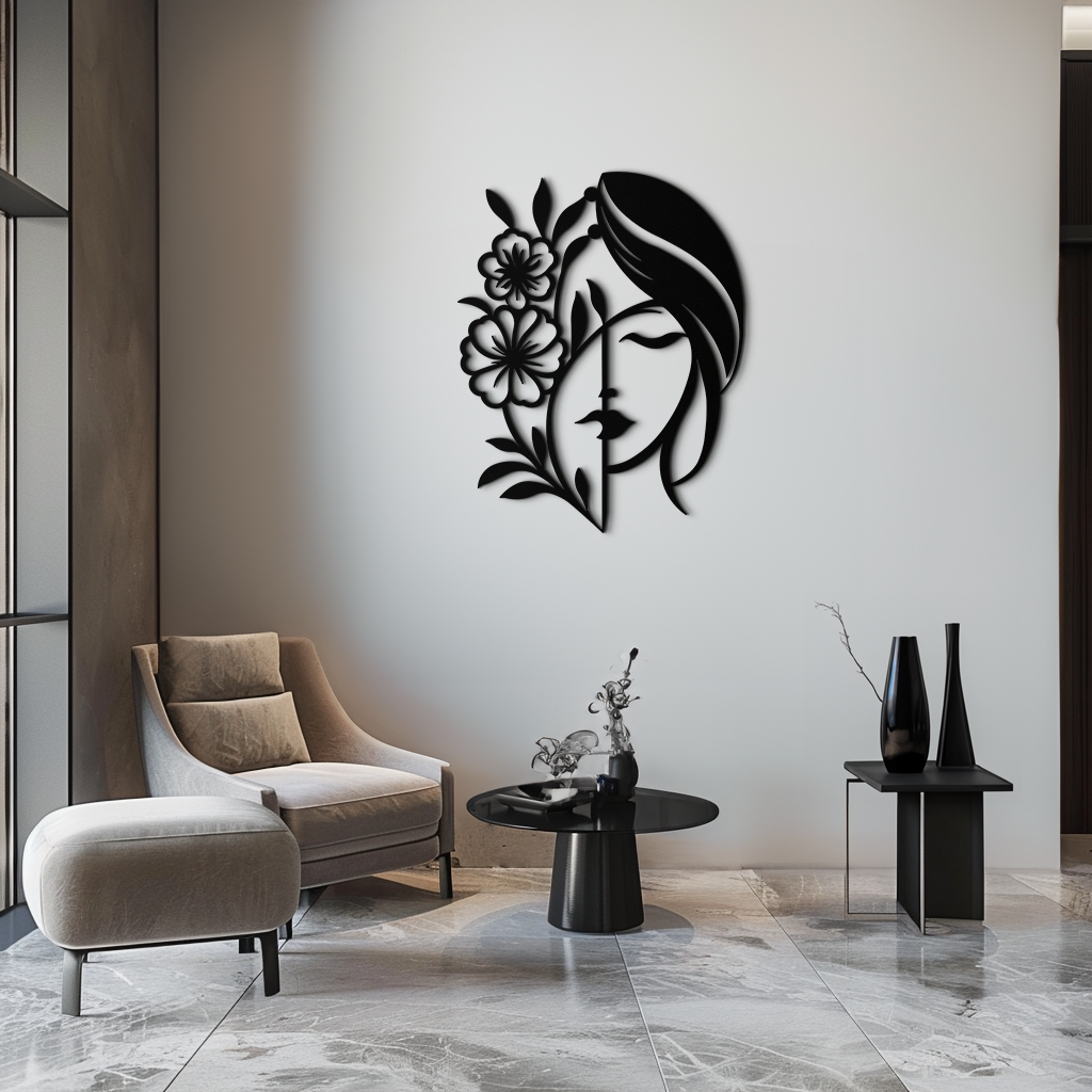 Woman with Flower Metal Wall Art – Elegant Female Silhouette Steel Decor- KAF385 - Tampa Home & Garden Store