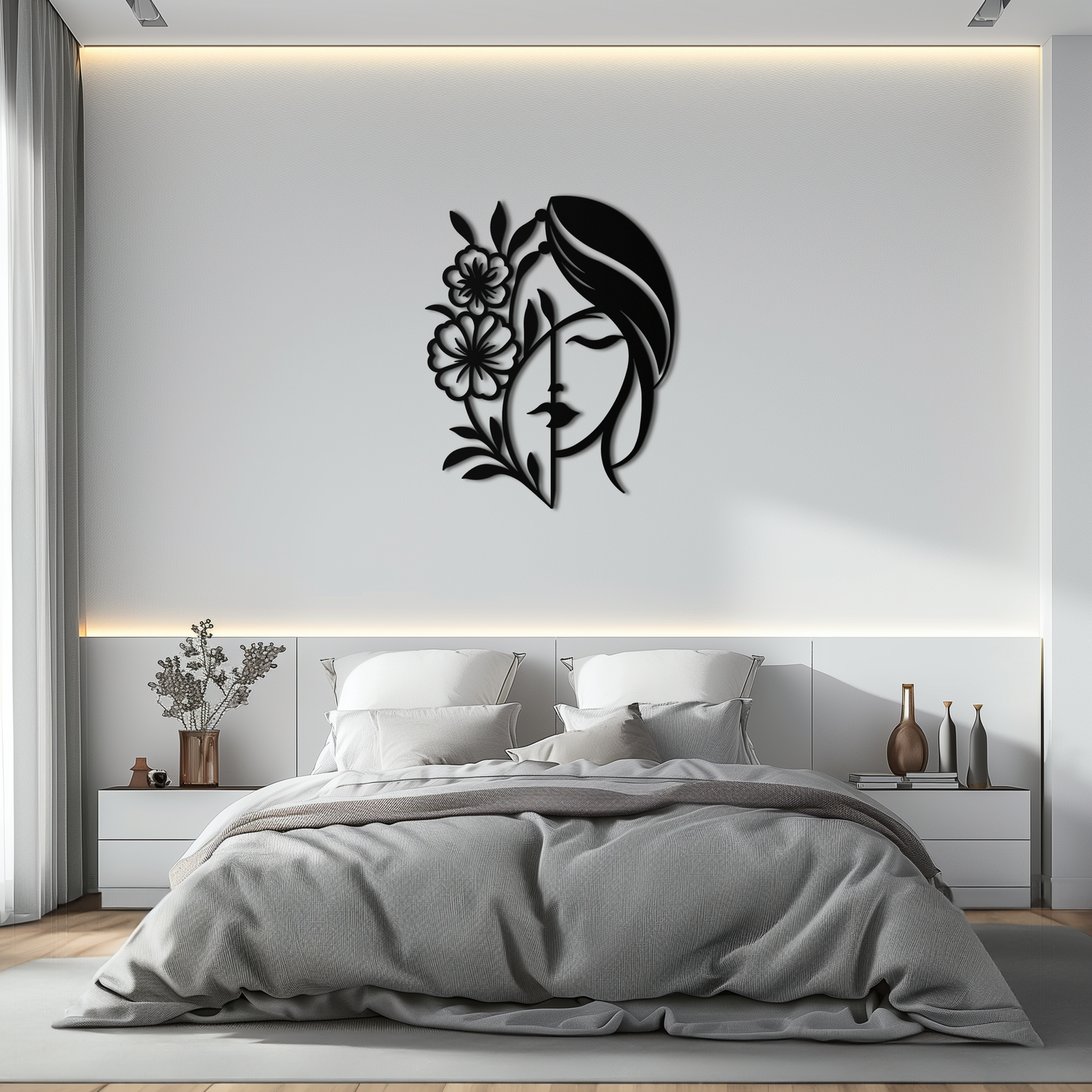 Woman with Flower Metal Wall Art – Elegant Female Silhouette Steel Decor- KAF385 - Tampa Home & Garden Store