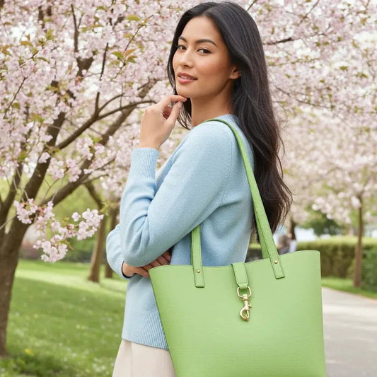 Genuine Pebbled Leather Tote and Laptop Bag by MiamiLeathers lime green with gold clasp on Tampa Home & Garden Store