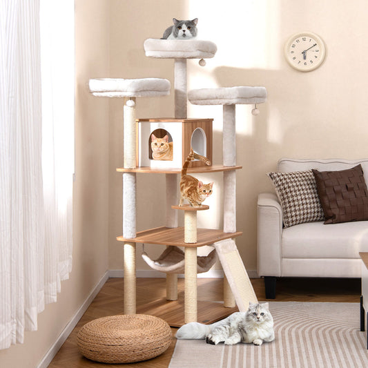 68 Inch Tall Cat Tree with 3 Padded Perches Condo and Sisal Scratching Posts-Natural - Tampa Home & Garden Store