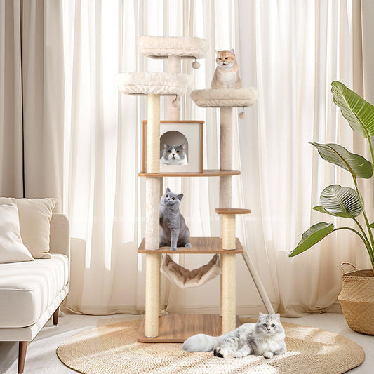 68 Inch Tall Cat Tree with 3 Padded Perches Condo and Sisal Scratching Posts-Natural - Tampa Home & Garden Store
