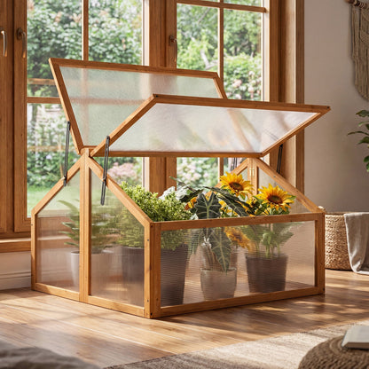 Wood cold frame greenhouse by DirectDeals orange frame and transparent openable roof panels on Tampa Home & Garden Store