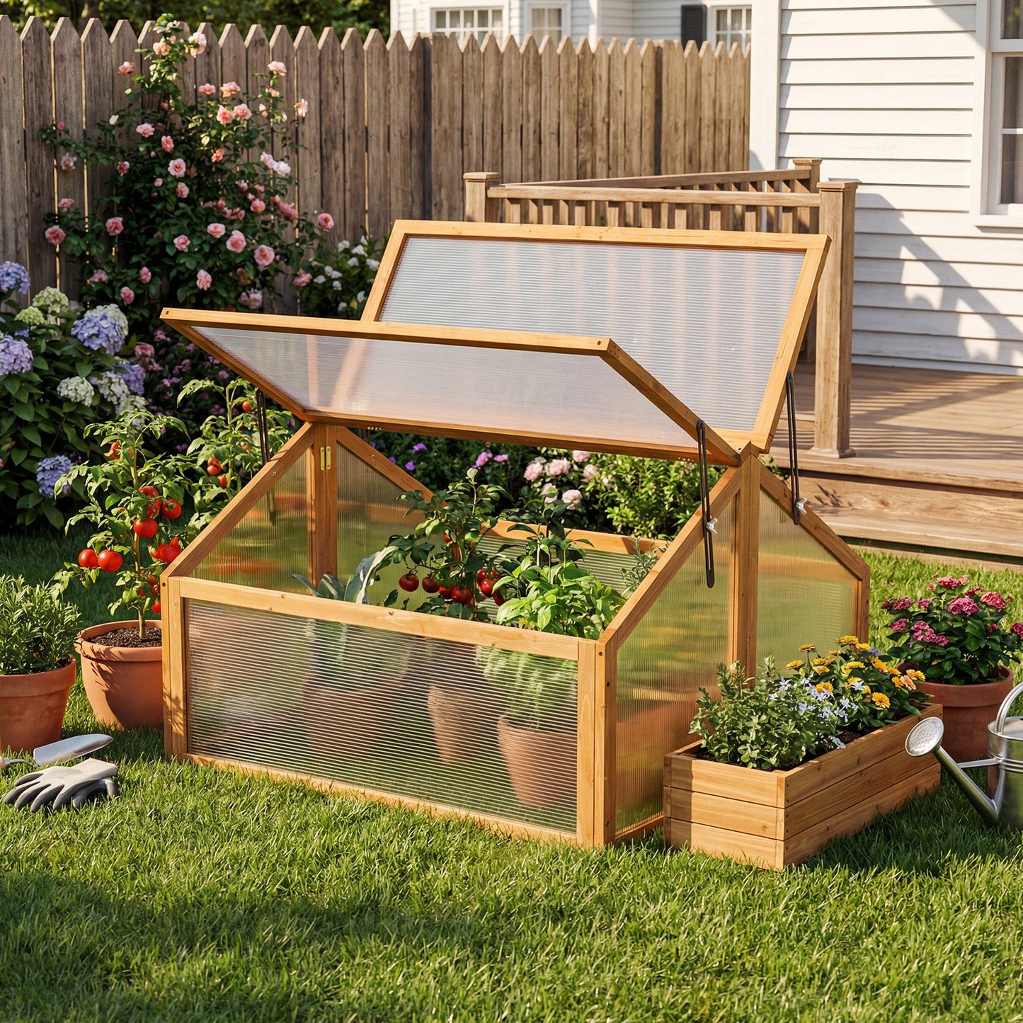 Wood cold frame greenhouse with orange frame and transparent openable roof panels raised planter on Tampa Home & Garden Store