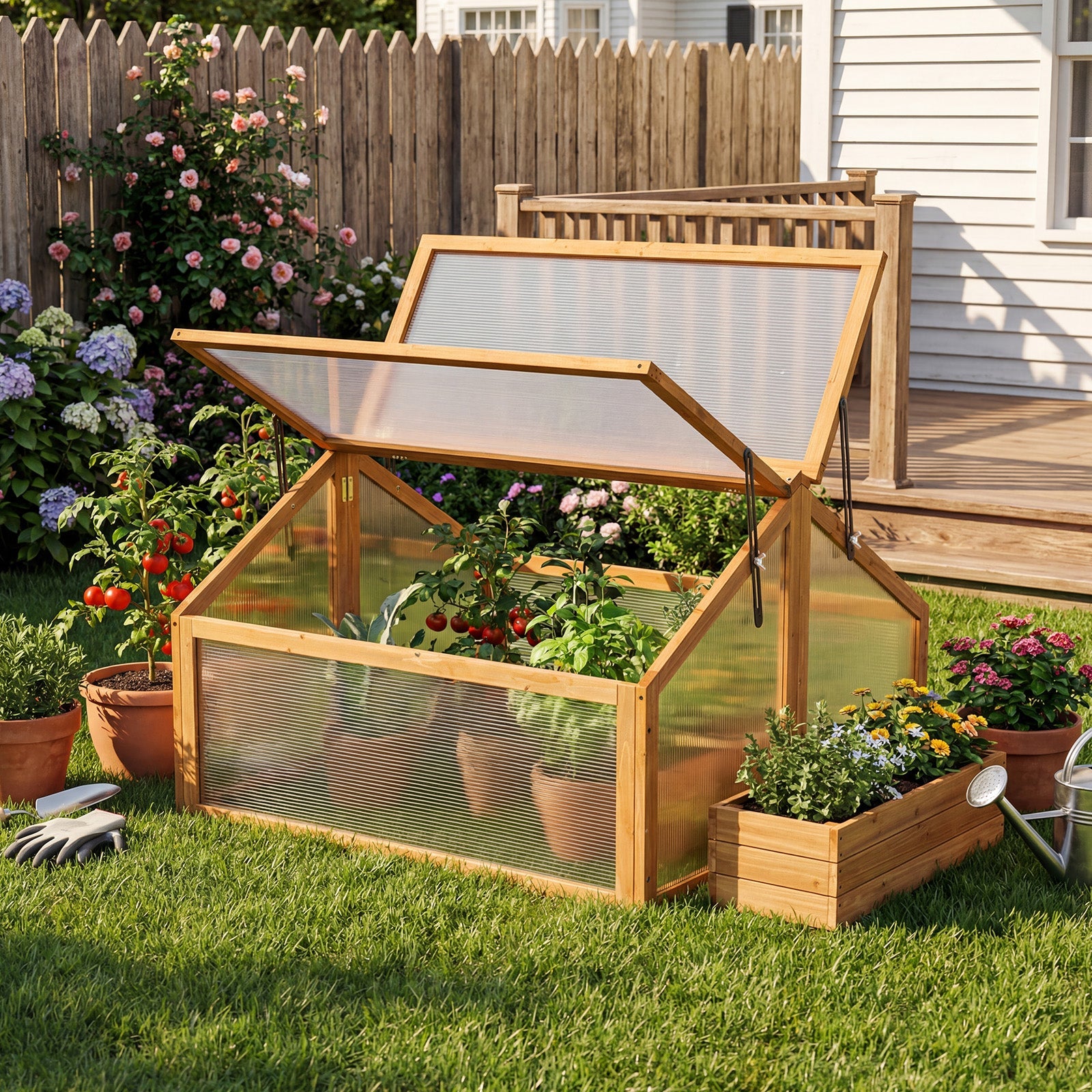 Wood cold frame greenhouse with orange frame and transparent openable roof panels raised planter on Tampa Home & Garden Store