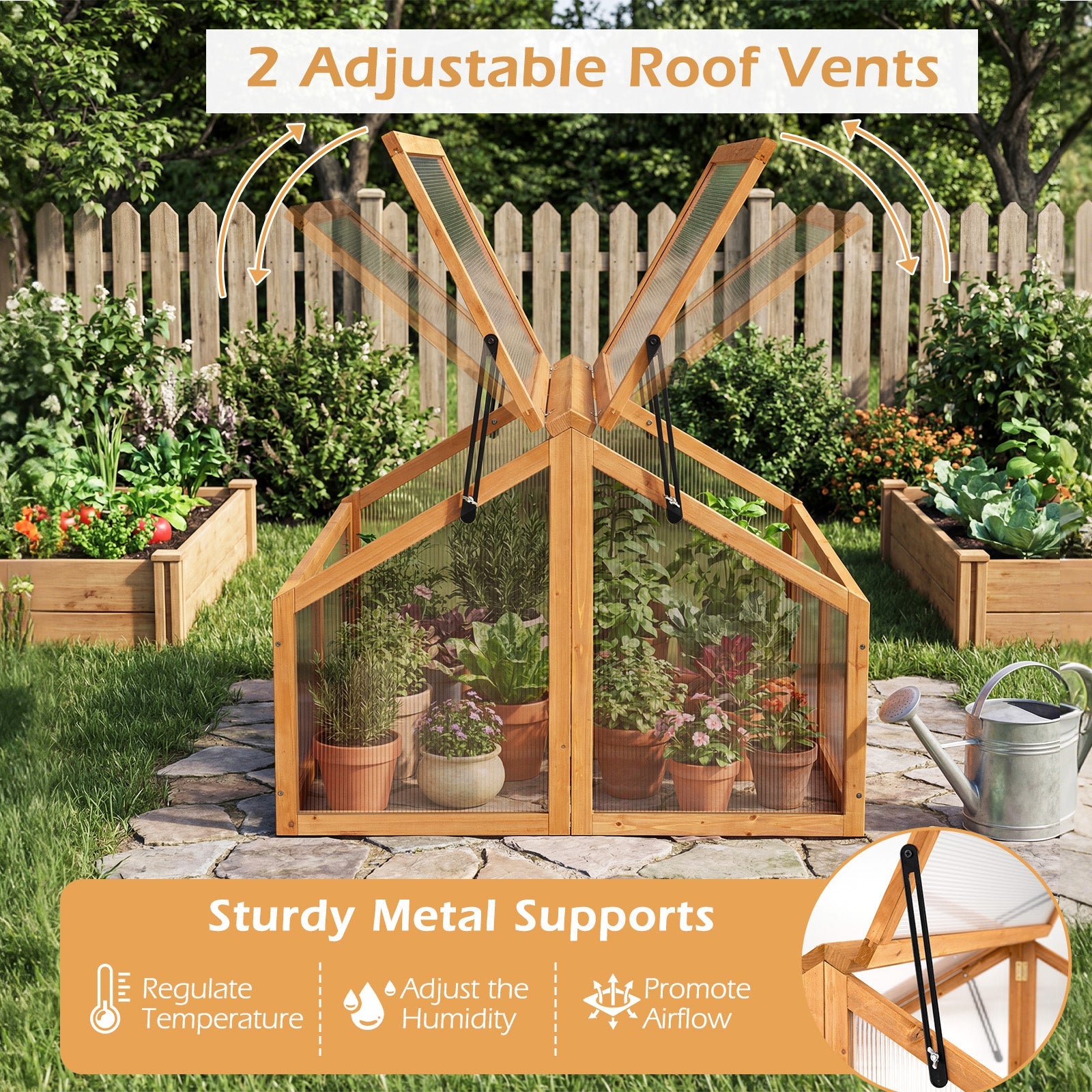 Wood cold frame greenhouse with transparent roof panels and adjustable vents with orange accents on Tampa Home & Garden Store