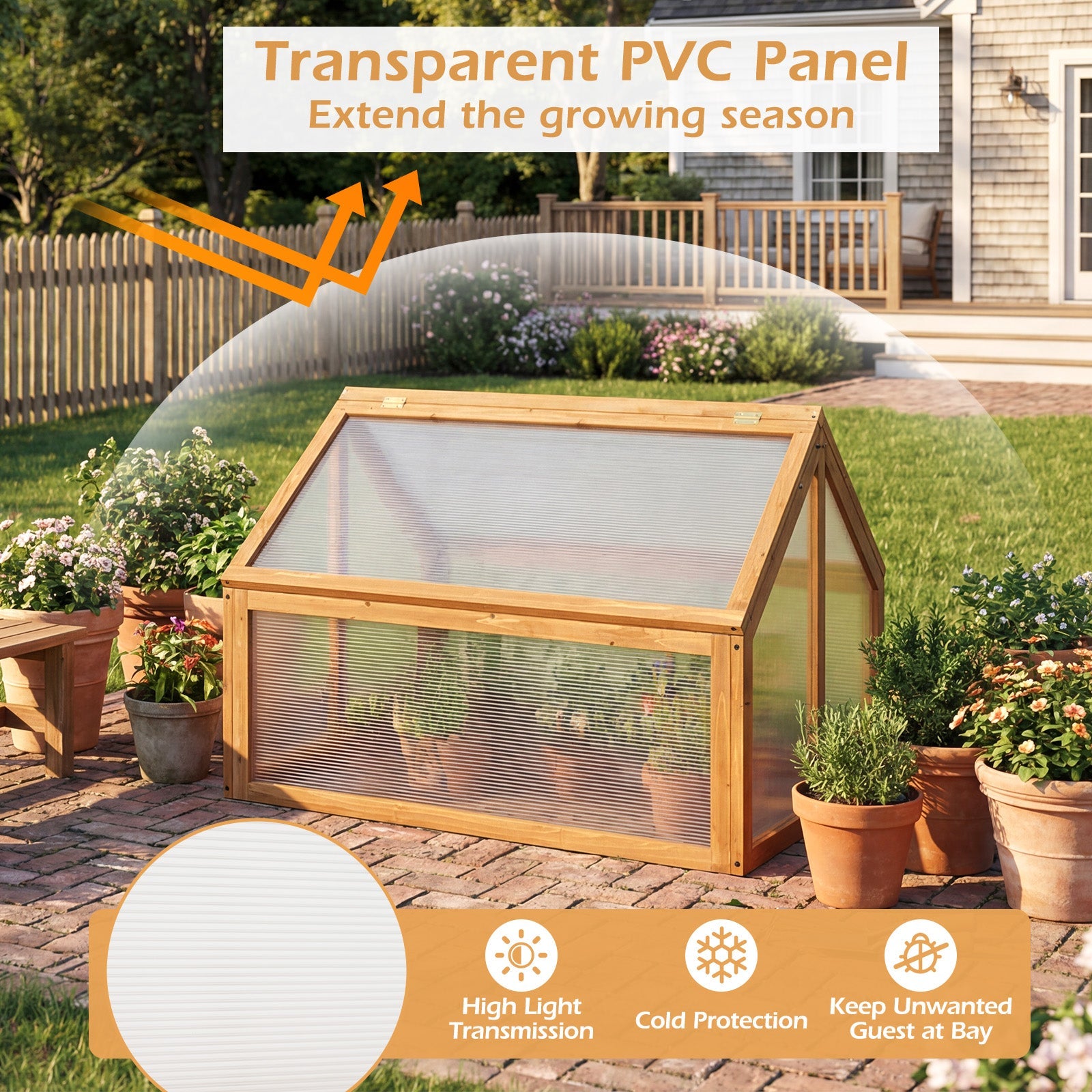 Wood cold frame greenhouse with transparent roof panels in a garden raised planter setup on Tampa Home & Garden Store