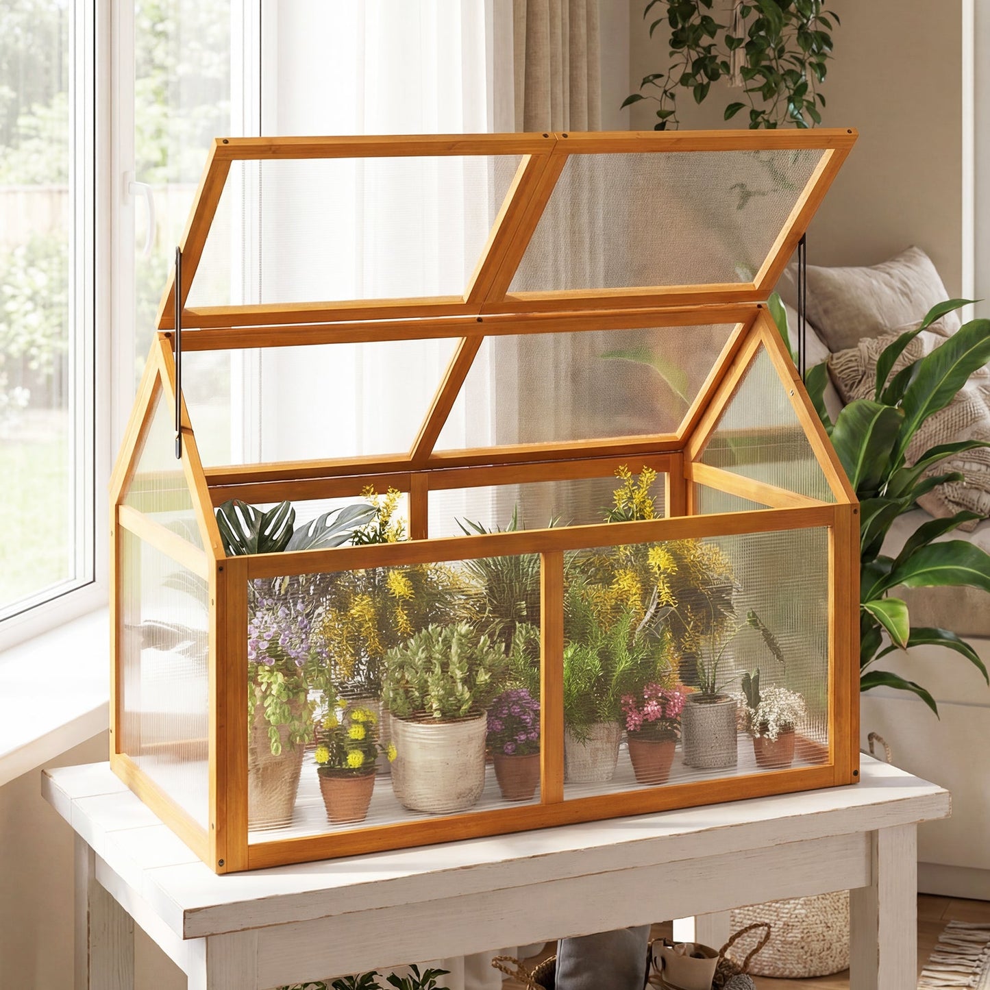 Wood cold frame greenhouse by DirectDeals with orange frame and adjustable roof on Tampa Home & Garden Store