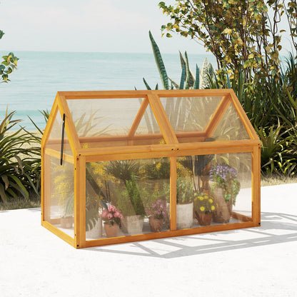 Wood cold frame greenhouse raised planter with adjustable orange roof and clear panels on Tampa Home & Garden Store