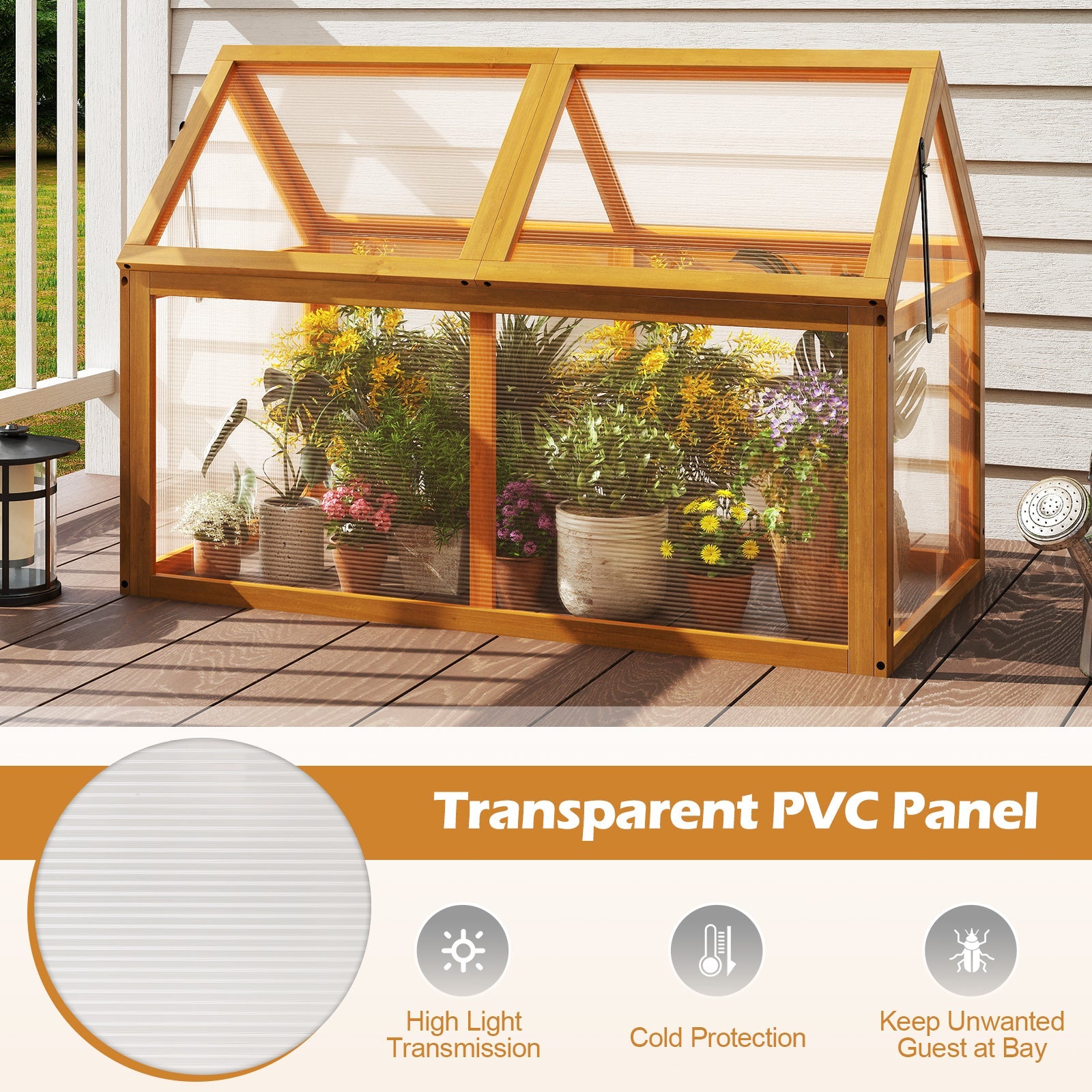 Wood cold frame greenhouse planter with adjustable orange roof and clear panels DirectDeals on Tampa Home & Garden Store