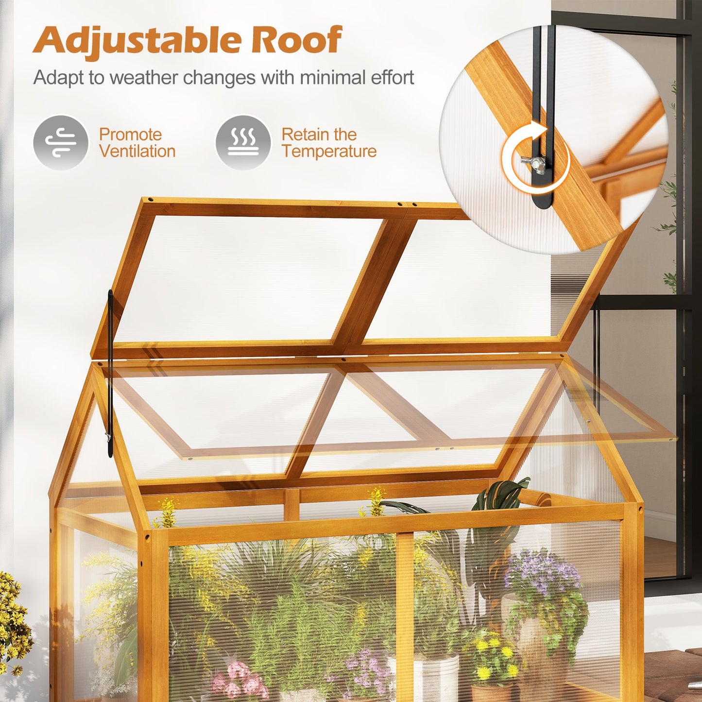 DirectDeals wood cold frame greenhouse with adjustable orange roof atop a raised planter on Tampa Home & Garden Store