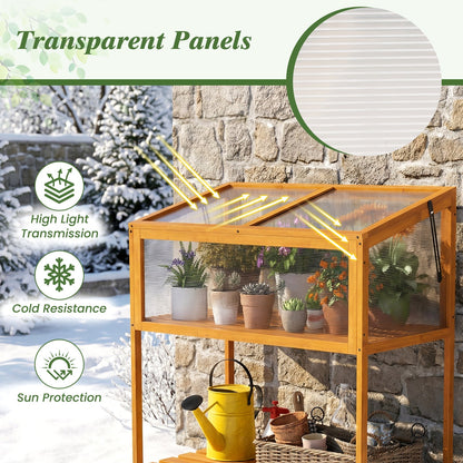 Wood Cold Frame Greenhouse with Transparent Openable Roof and Slatted Storage Shelf-Orange