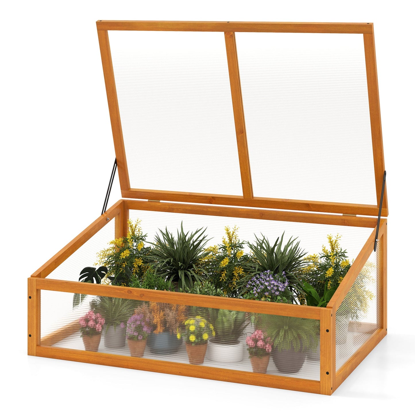 Wood cold frame greenhouse with orange frame and fliptop roof over a raised planter bed on Tampa Home & Garden Store