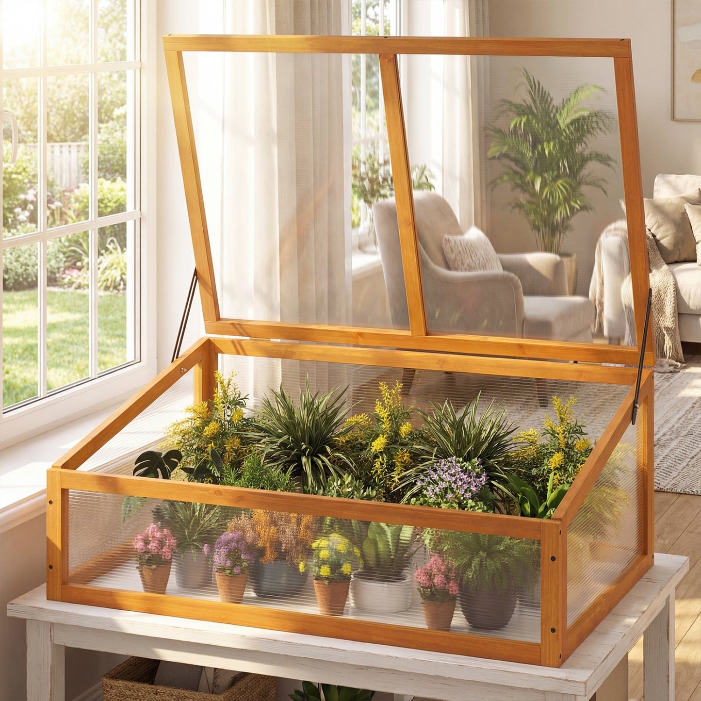 Wood cold frame greenhouse raised planter bed orange frame with clear flip-top roof DirectDeals on Tampa Home & Garden Store