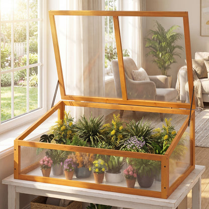 Wood cold frame greenhouse raised planter bed orange frame with clear flip-top roof DirectDeals on Tampa Home & Garden Store