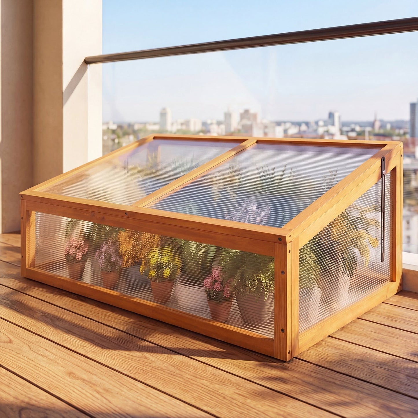 Wood cold frame greenhouse planter bed by DirectDeals with transparent flip-top roof on balcony on Tampa Home & Garden Store