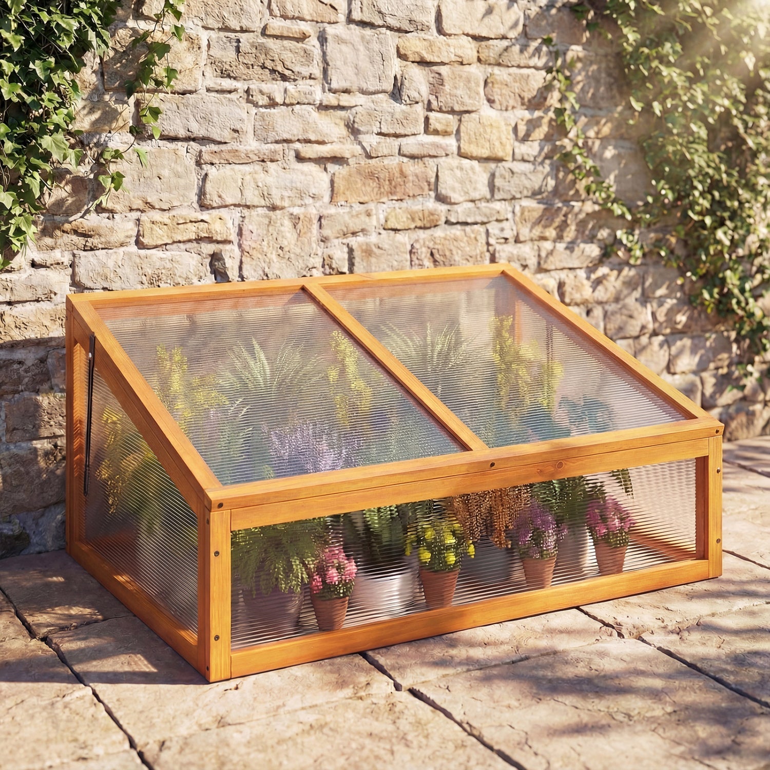 Wood cold frame greenhouse planter bed with orange frame and transparent roof on Tampa Home & Garden Store