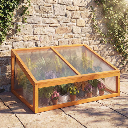 Wood cold frame greenhouse planter bed with orange frame and transparent roof on Tampa Home & Garden Store