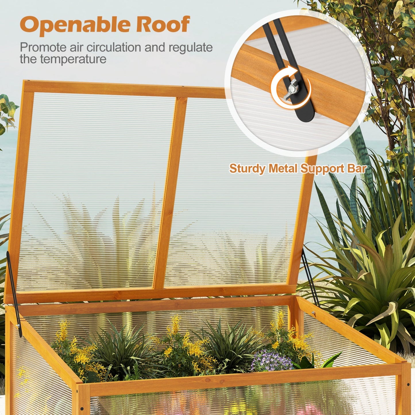 Wood cold frame greenhouse DirectDeals with orange wooden frame, transparent panels, flip-top roof on Tampa Home & Garden Store